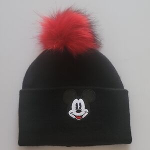 Disney Black Beanie with Red Pom Pom and Mickey Design